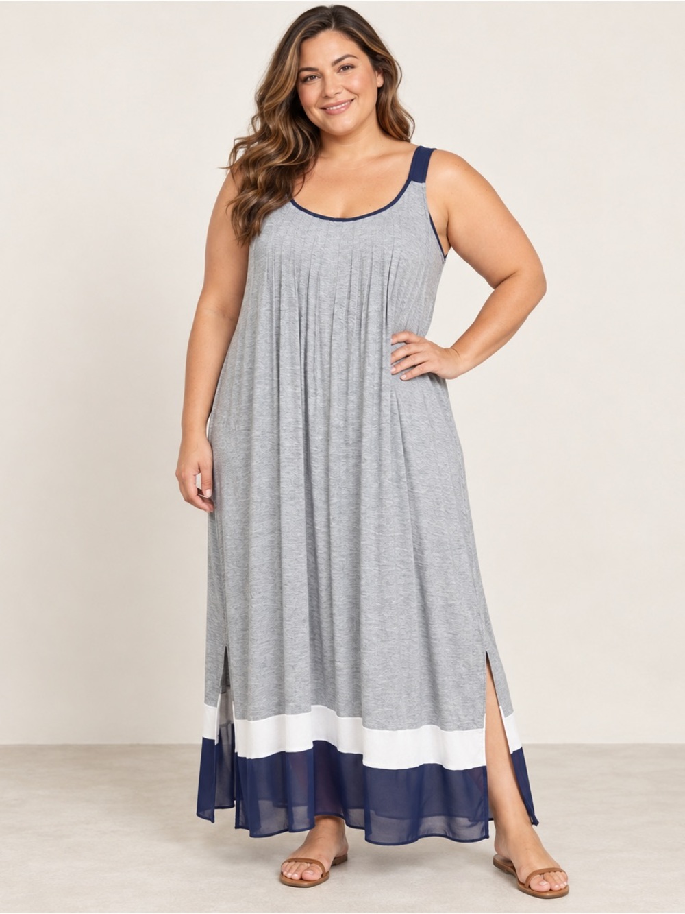 Simply Vera Vera Wang Grey Maxi Dress with Navy and White Trim